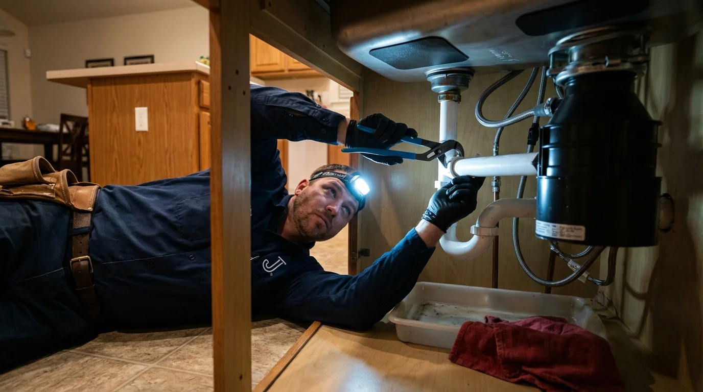 P-trap and supply line connections under a kitchen sink showing a common leak point in Nokomis, FL